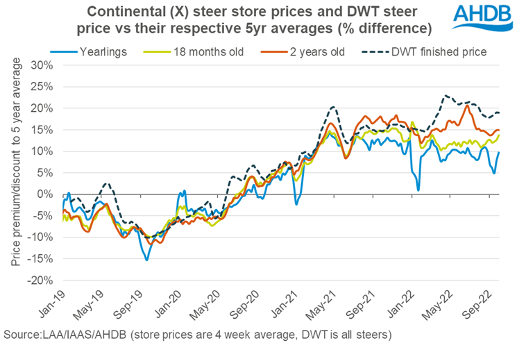 Graph showing GB continental store steer price vs 5yr average